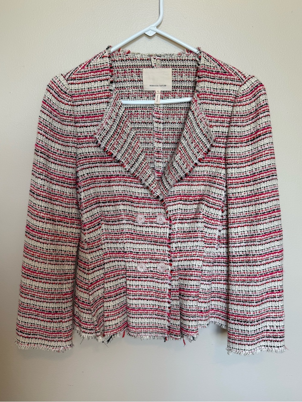 Rebecca Taylor Pink, Cream, Red, Black Striped Tweed Double-Breasted Jacket